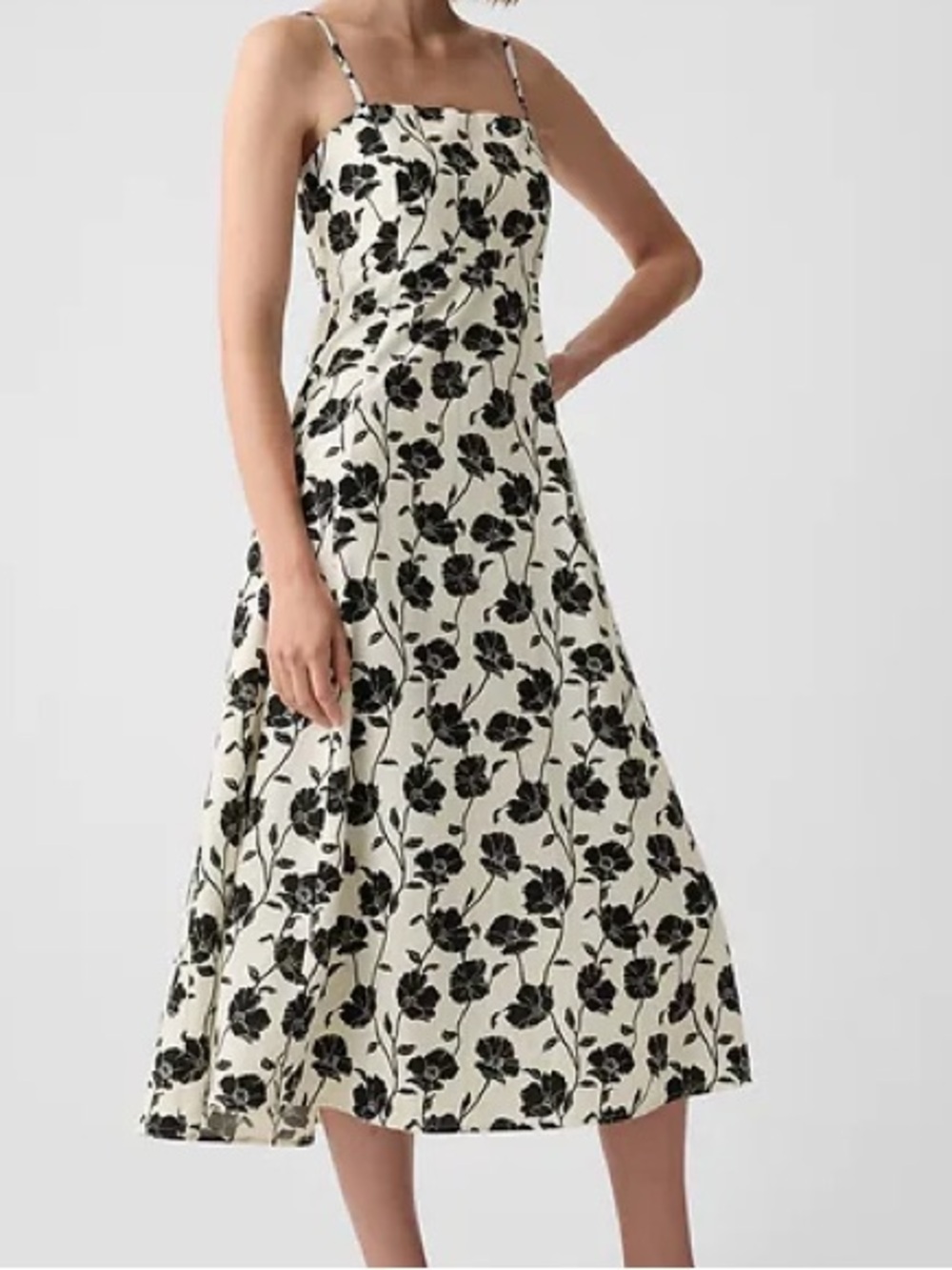 GAP Linen Blend Midi Dress L Tall Black White Floral Smocked Back Summer